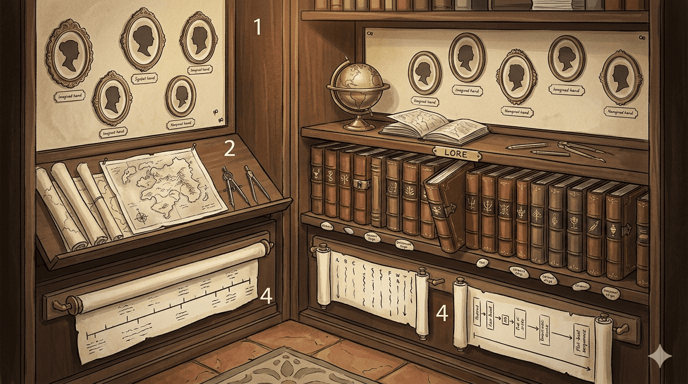 A library wall — cameo portraits for Cast, maps and charts for World, a Lore shelf of leather-bound volumes, and timeline scrolls unfurled below.